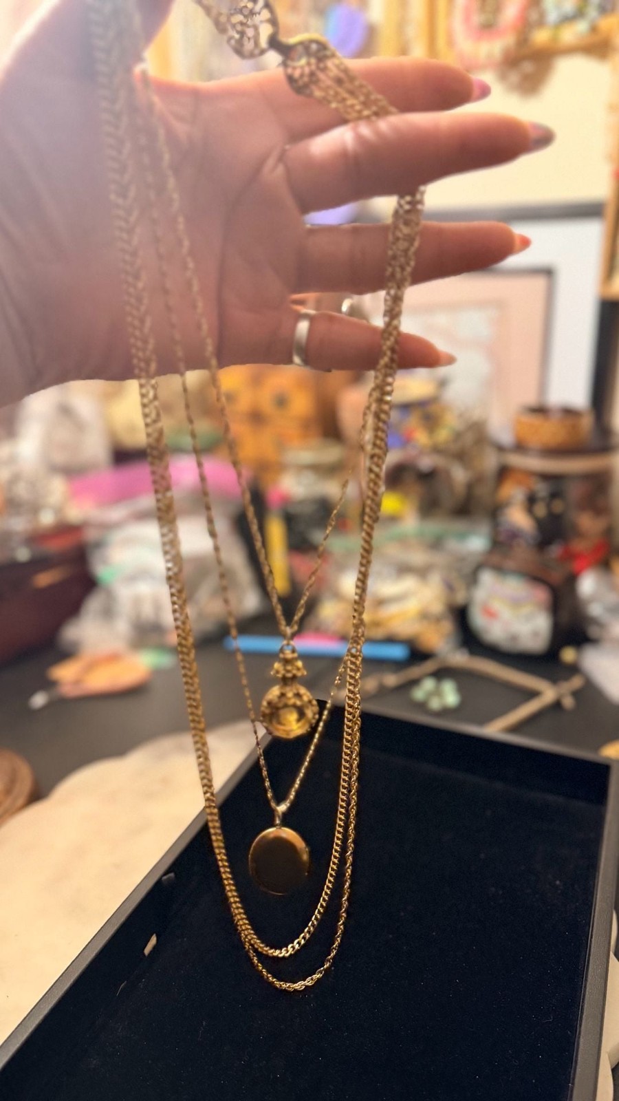 Vintage Goldette Multi-Strand Necklace with Intaglio Cameo Fob and Oval Locket