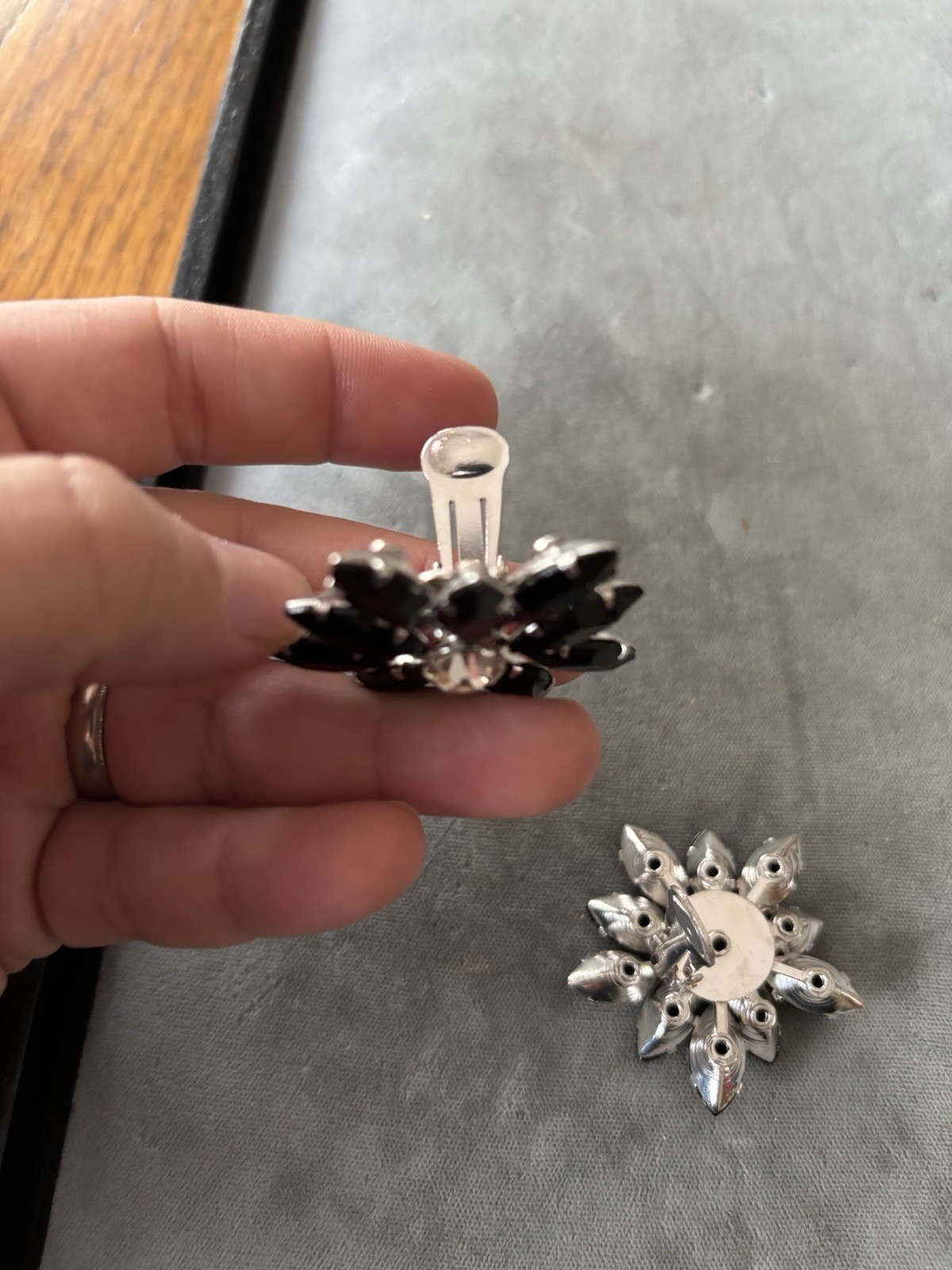 Vintage Black & Clear Rhinestone Flower Silver Tone Clip On Earrings