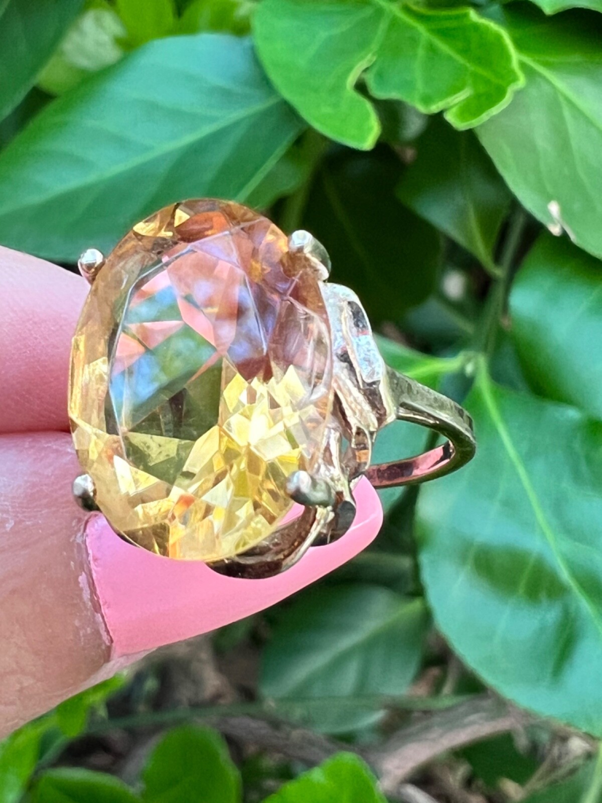 VINTAGE LARGE OVAL HONEY GOLDEN CITRINE STATEMENT RING GILDED 925 STERLING SLVER