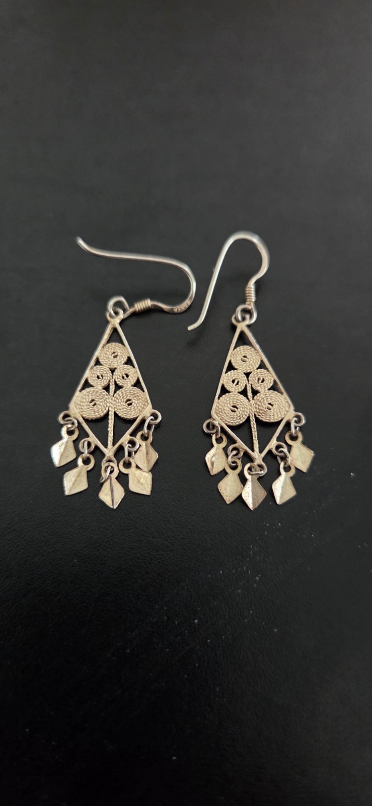 Vintage Sterling 925 Silver Earrings Filigree Dangle Drop Cannetille Chandelier