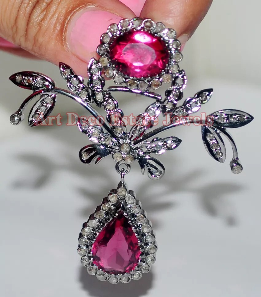 2.10ct Rose Cut Diamond 925 Sterling Silver Ruby Antique Victorian Look Pendant