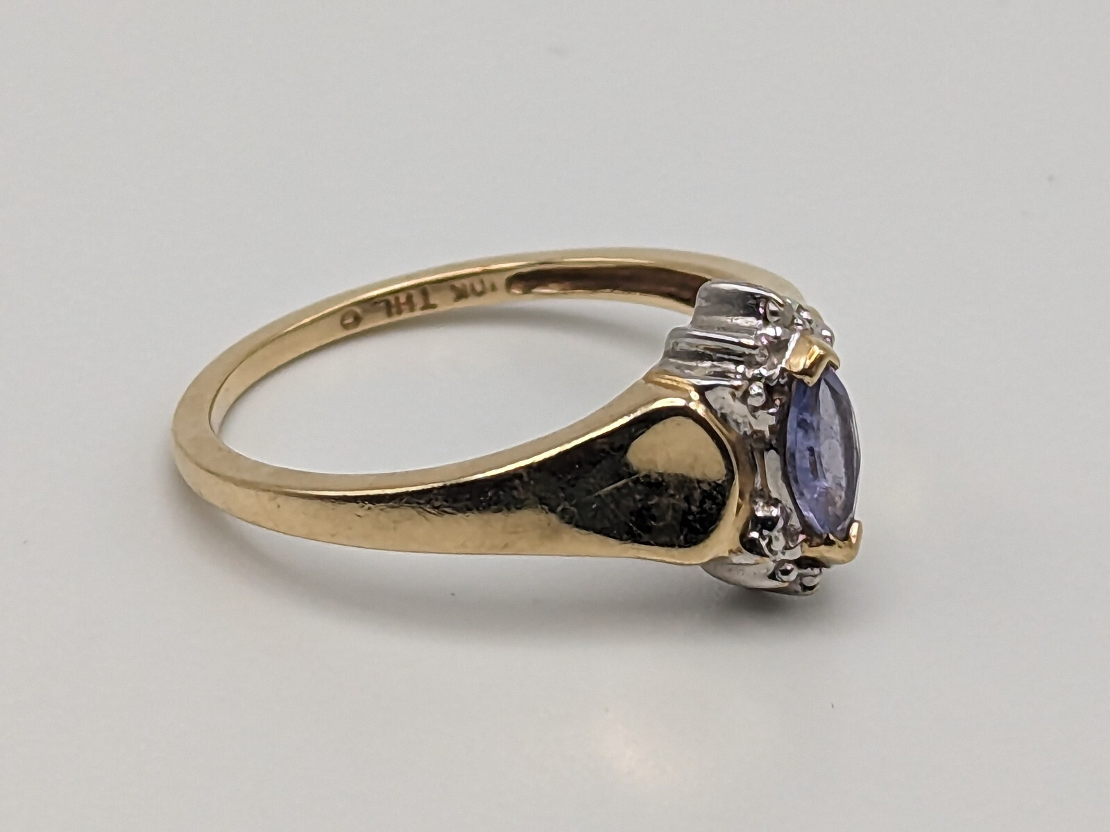 10k Yellow Gold Blue Iolite and Diamond Ring Violet Marquise Cut Diamond Ring