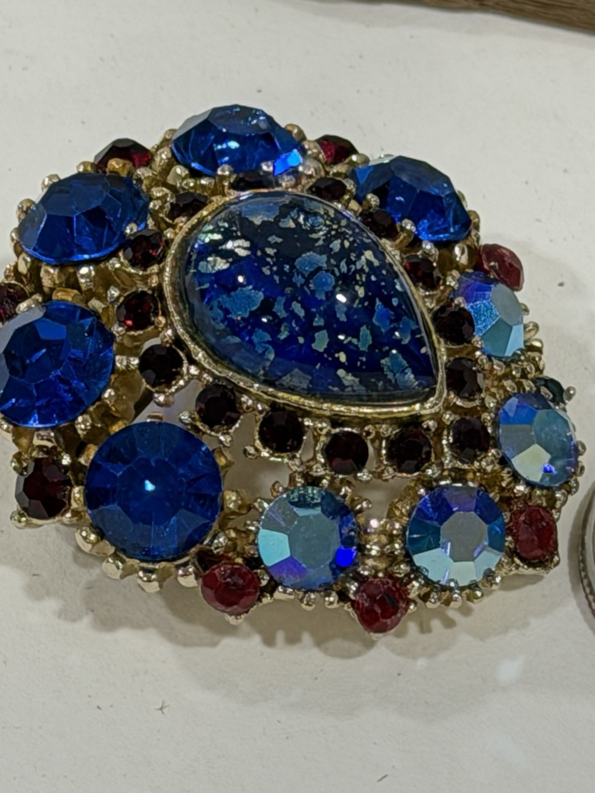 Vintage Brooch Center Teardrop Colbalt Blue AB Rhinestone Ruby Red Accent Stones