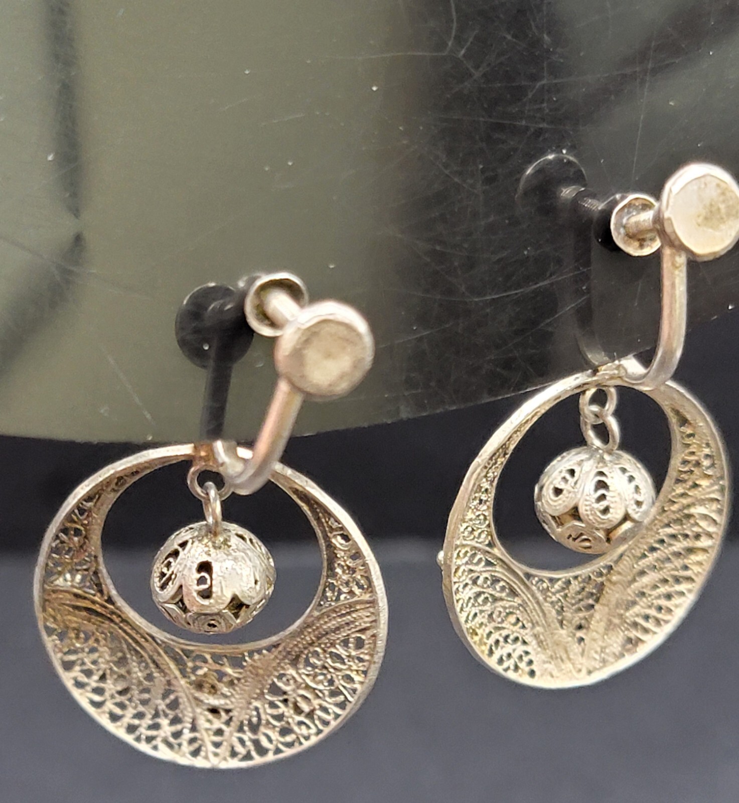 833 Silver Filigree Drop Earrings Turquoise Accent Dangle Vintage Ethnic