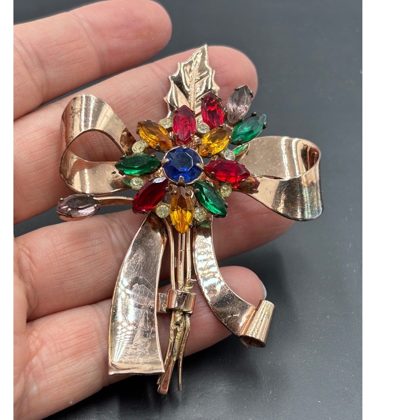 Coro Craft Sterling Silver Multi-Color Rhinestone Bow Floral Brooch Pegasus Tag