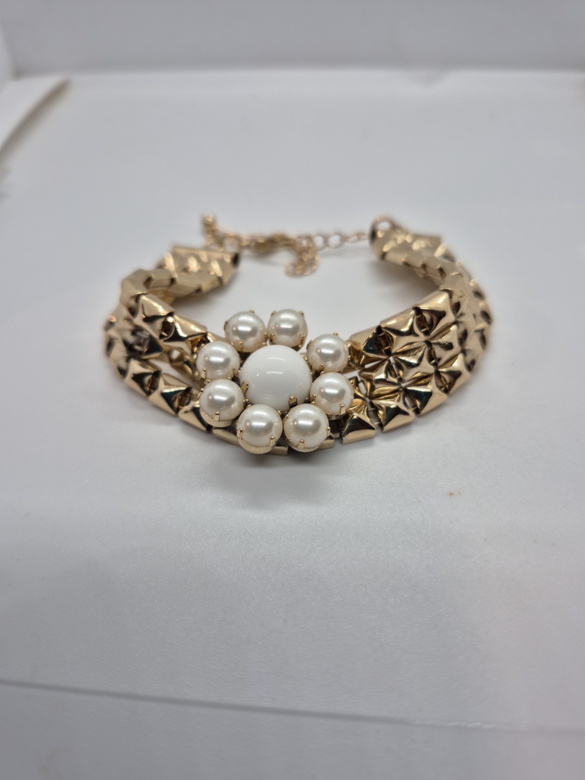 Vintage Gold-Tone Bracelet Triple-Row Studded Band & Floral Faux Pearl Cluster