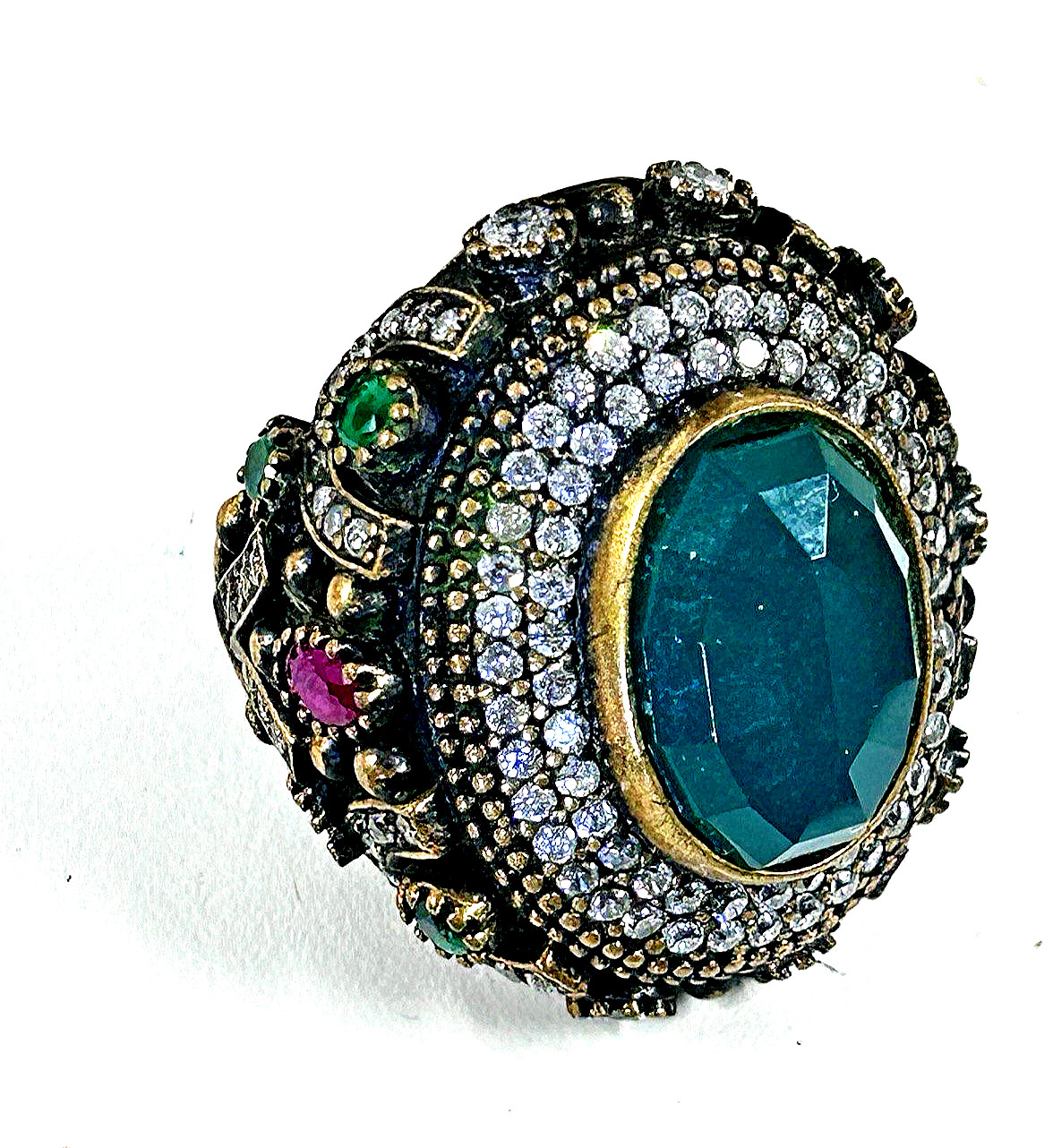 Vintage Stunning Large Royal Green Center & Small Accent Stones Ring Sz 8