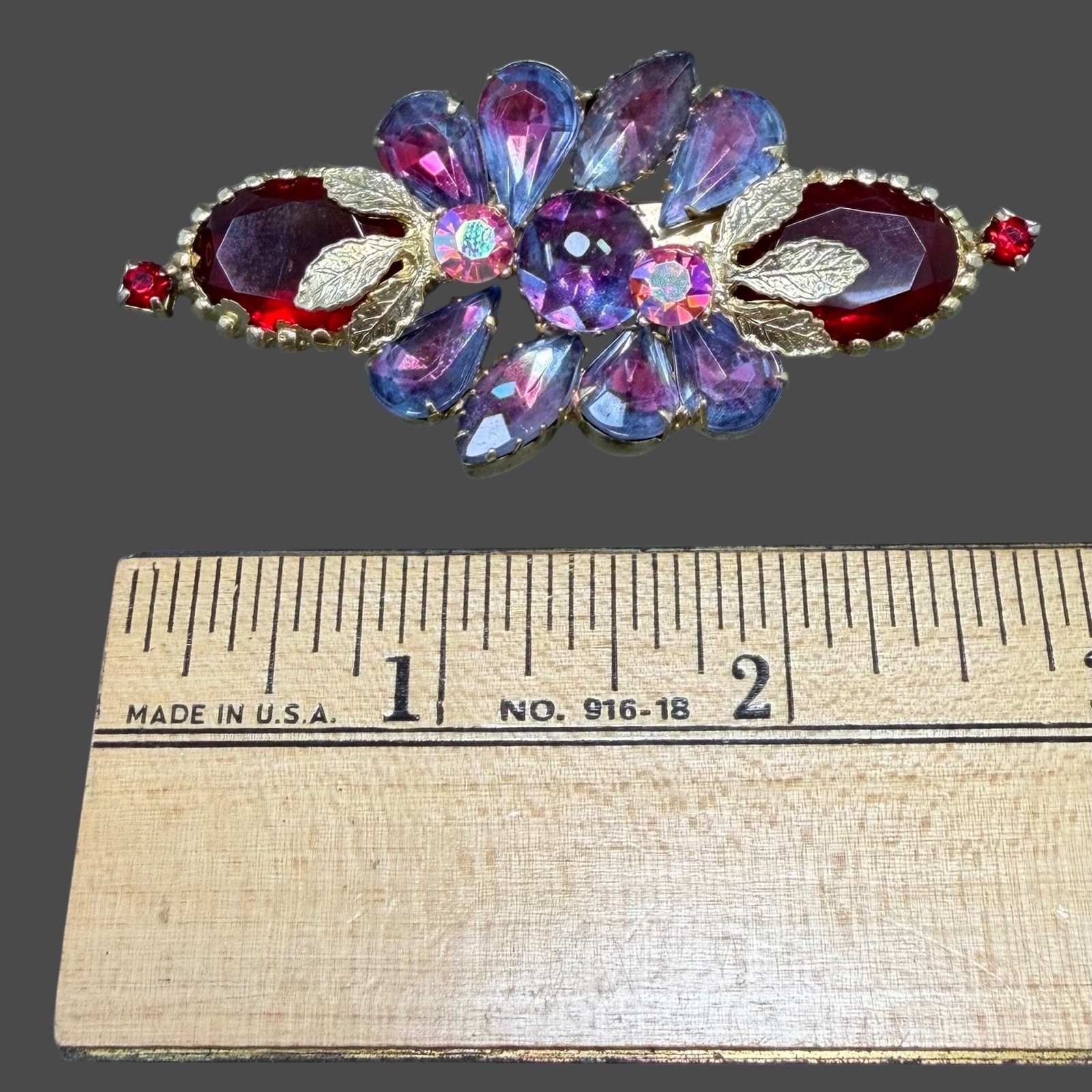 Vintage Gold Tone Red Cab Purple Pink Rhinestone Floral Linear Bar Brooch