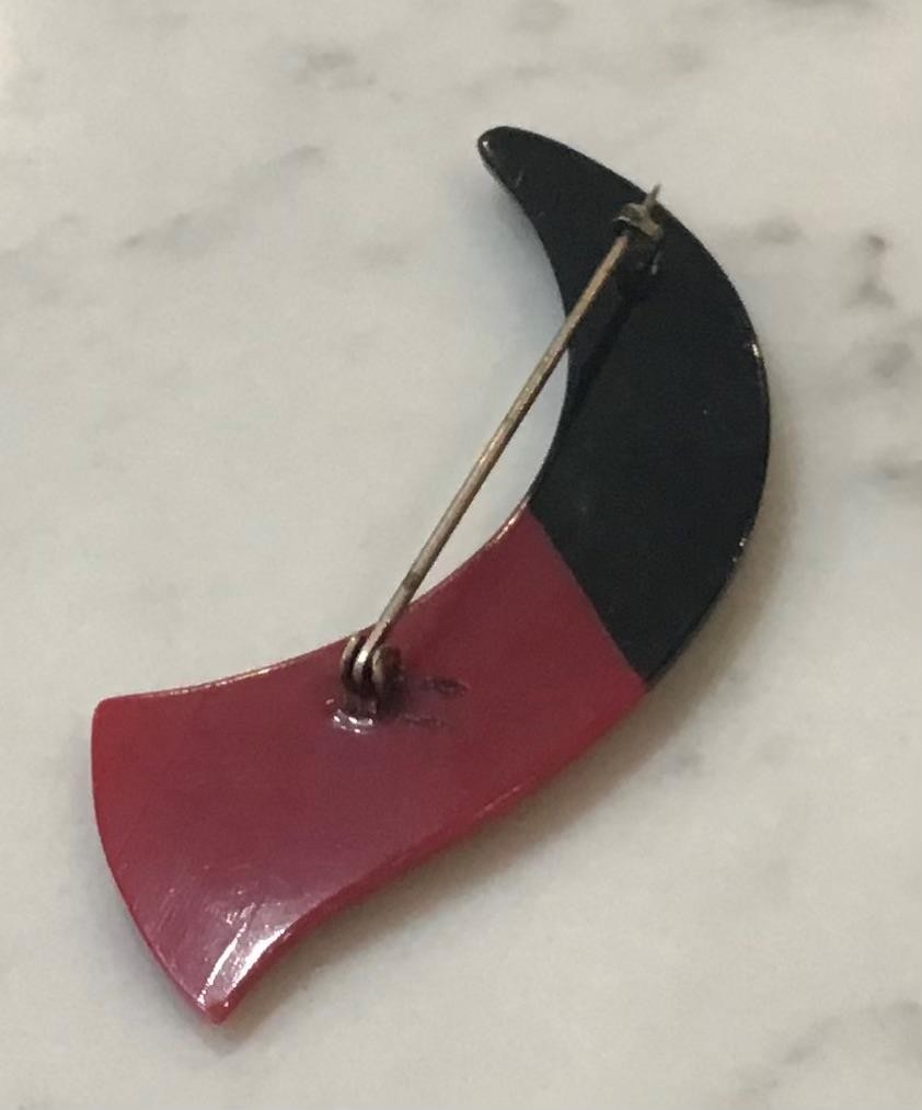 Vintage Art Deco Red/Black Celluloid & Rhinestones 3” Lapel or Hat Pin or Brooch