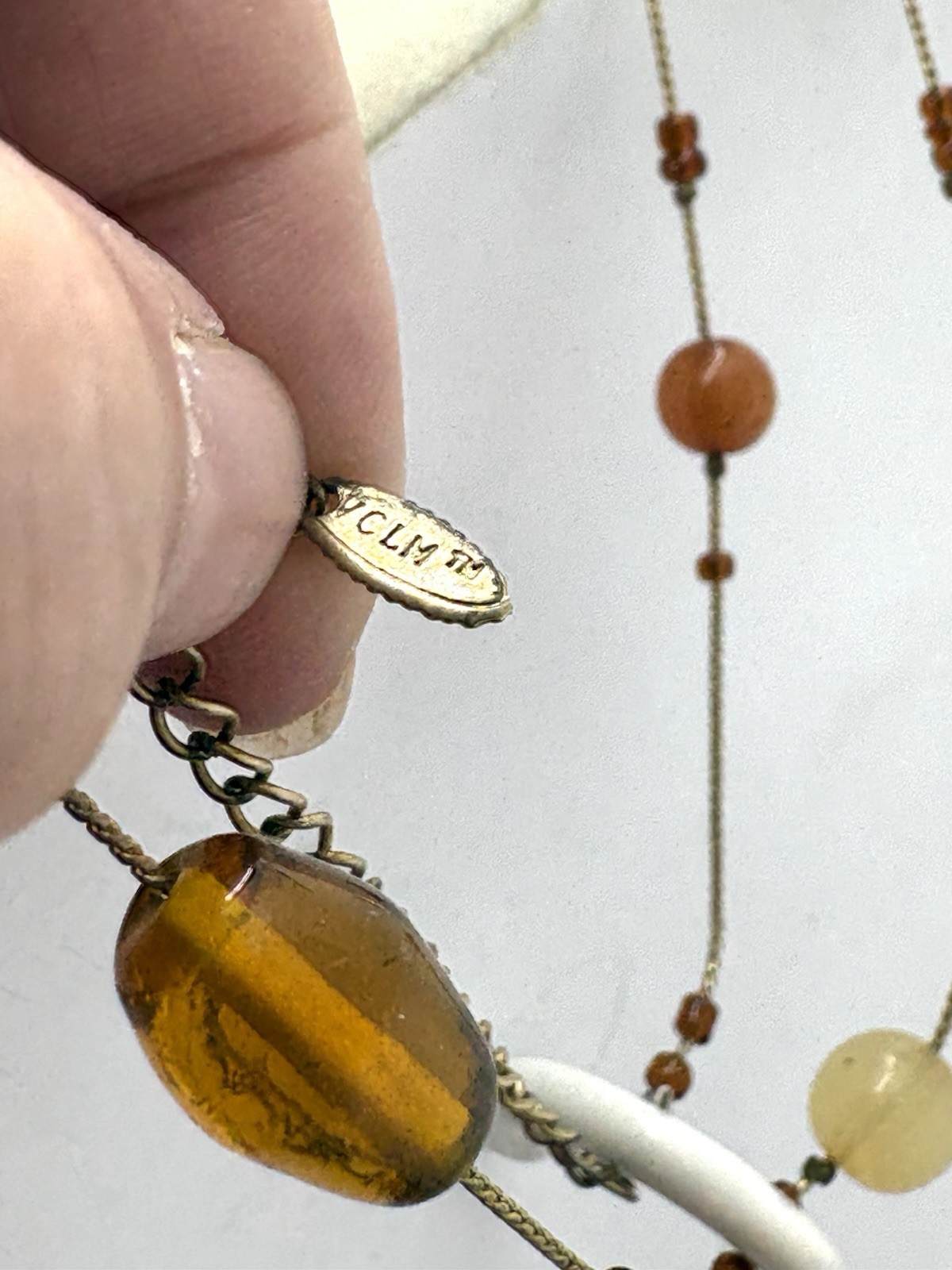 Amber & Honey Colored Glass Gold Tone Stationed Long Necklace By Designer VCLM