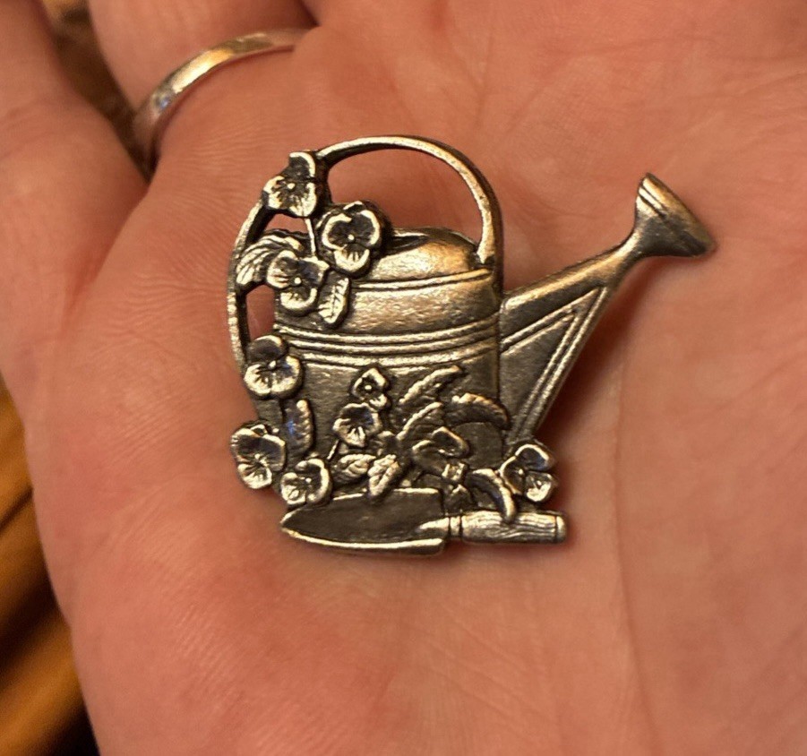 Vintage Birds & Blooms Pewter Gardening Water Can Brooch