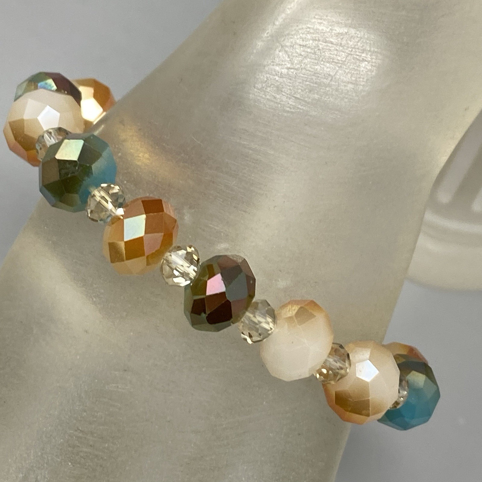 Glass Beaded Bracelet Blue Cream Gold Faceted Fire Polished Stretch Elastic 7″