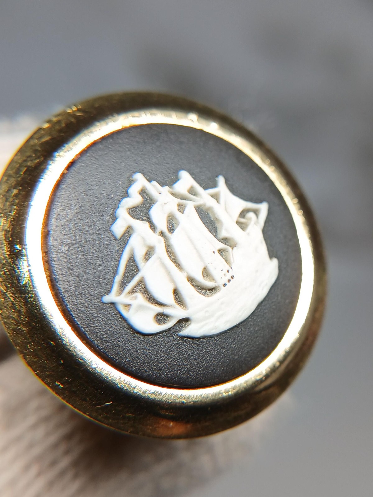 Vintage Wedgwood Black Jasperware Ship Single Cufflink Gold Tone England