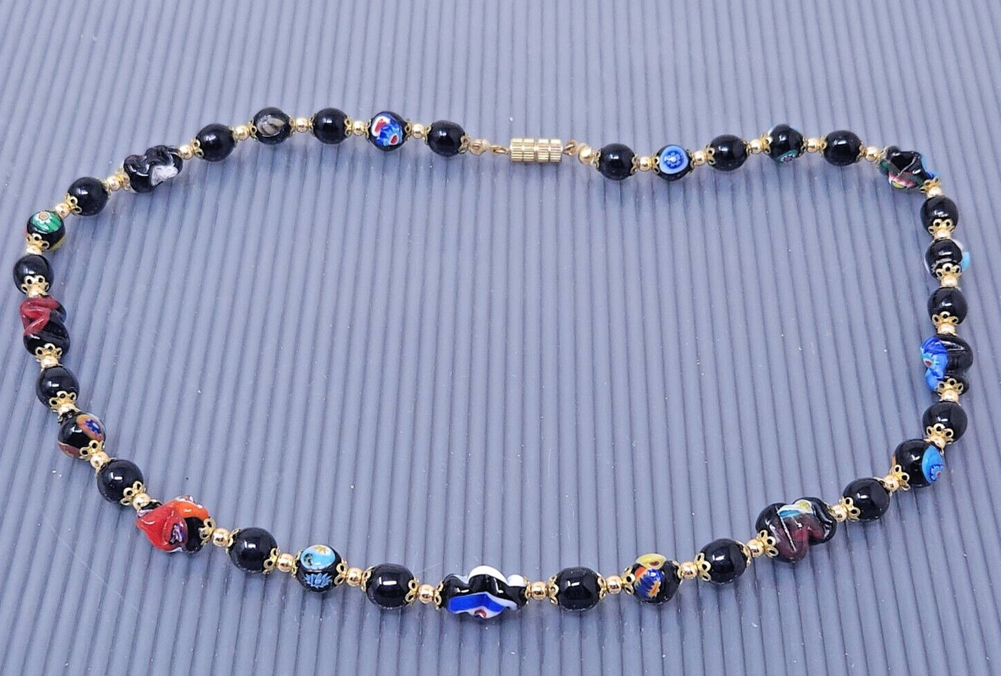 Vintage Venetian Glass Black Multicolor Beaded Gold tone Necklace 19″