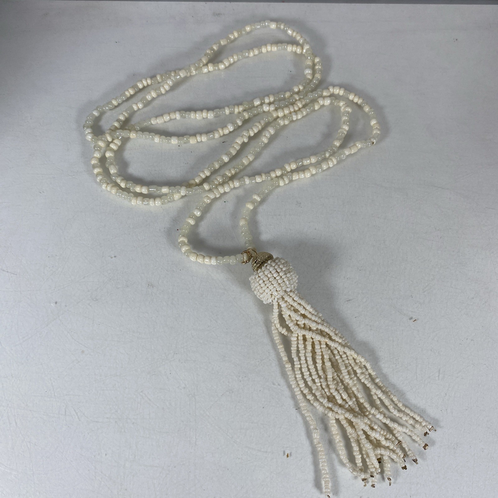 Vintage Beaded Long Necklace Tassel Off White Cream