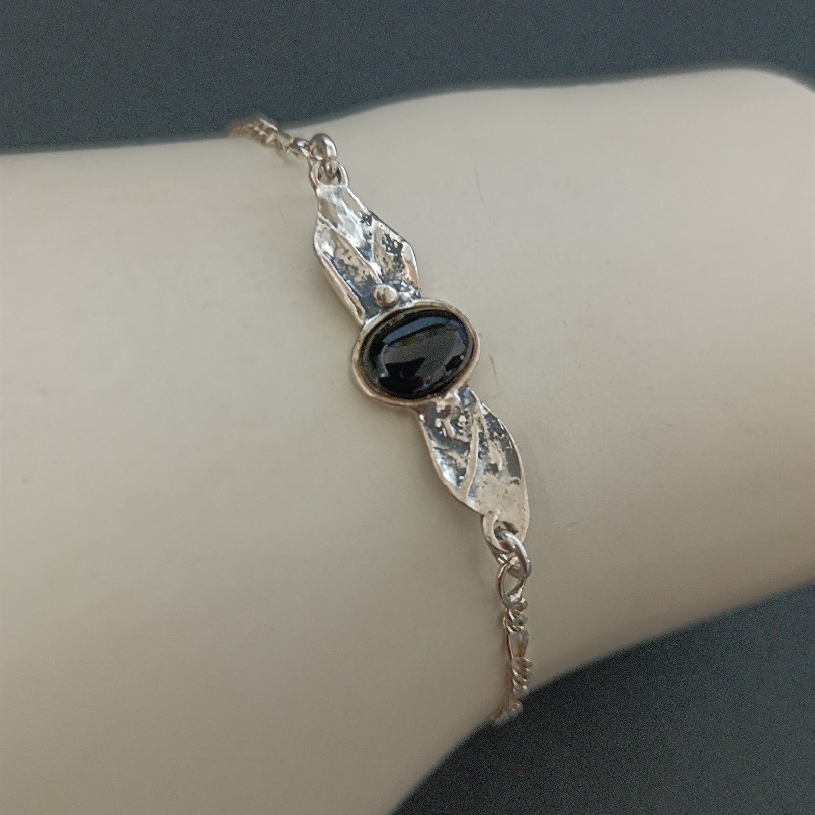 Vintage Sterling Silver Onyx Bracelet Modernist Minimalist Small Wrist Dainty
