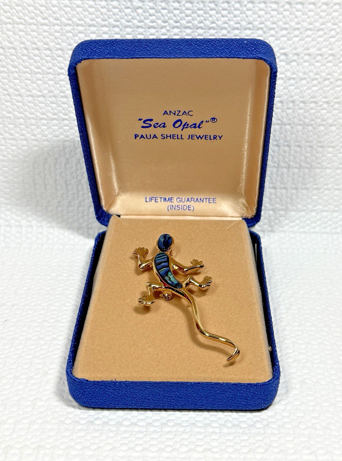 Vintage Sea Opal GECKO Pin ANZAC Paua Shell Brooch Jewelry NIB Gold Plated