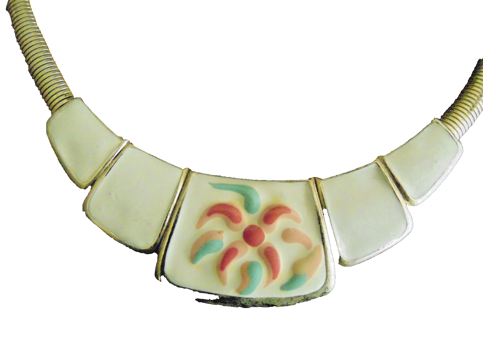 Vtg Cream Enamel Choker Gold Tone Omega Chain 16.5″ Green, Orange & Peach Design