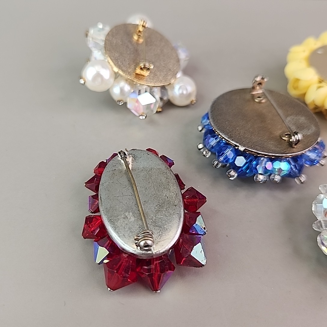 Vintage Cluster Brooch Lot of 5 AB Glass Blue Red Yellow Plastic