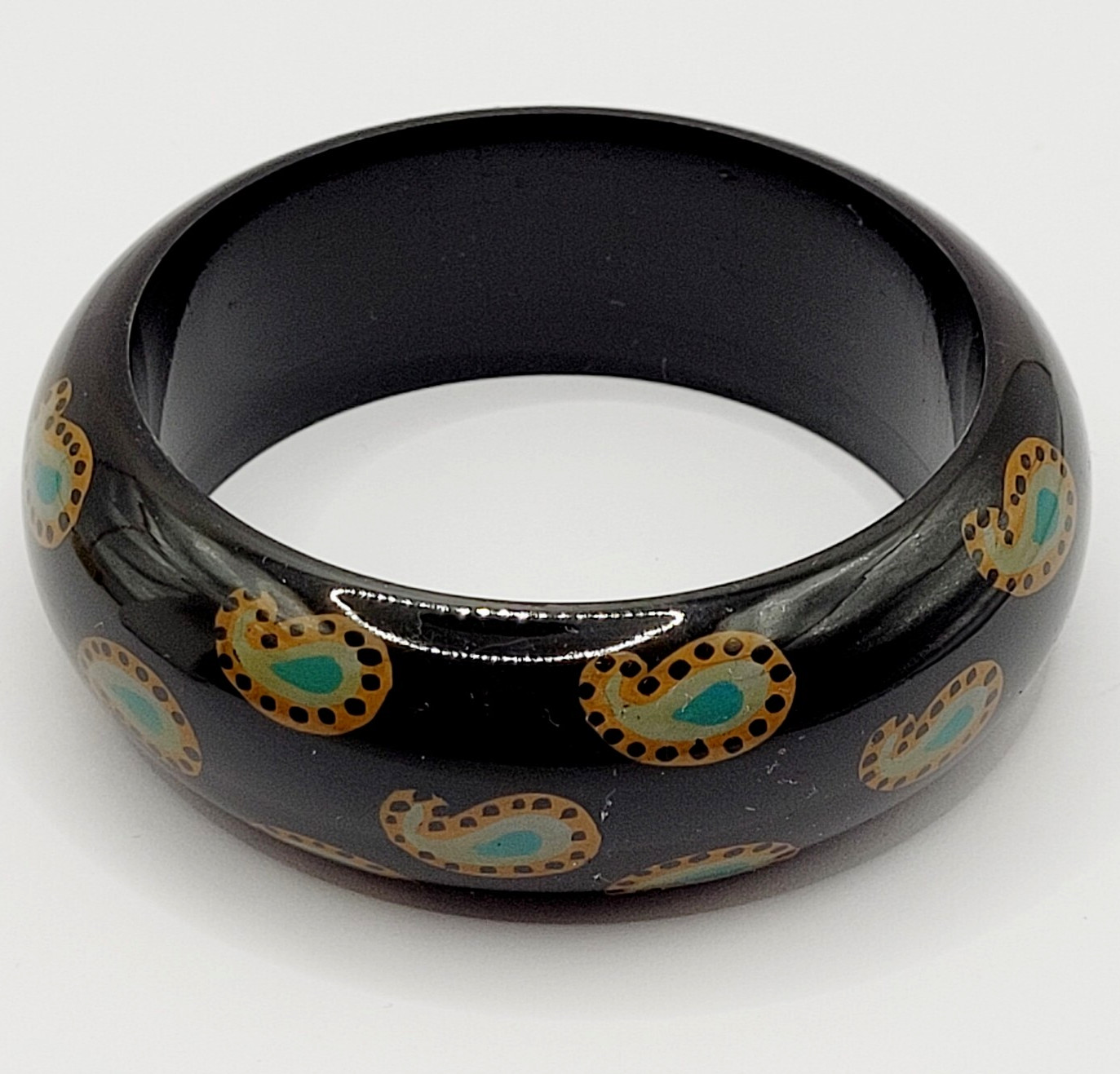Paisley on Black Vintage Wide Chunky Vintage 1980s Acrylic Bangle Bracelet 8 In