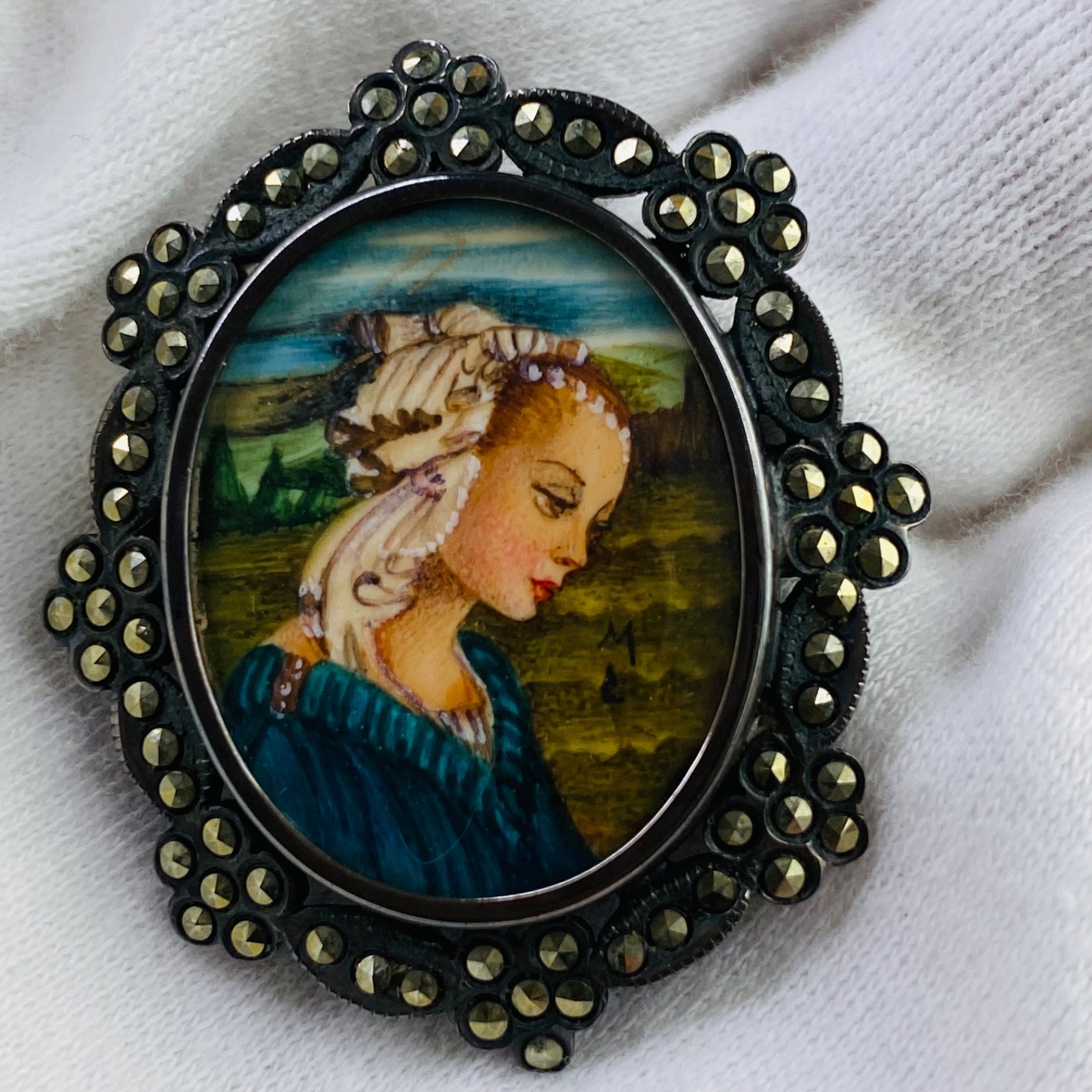 Vintage Lippi Art 800 Silver & Marcasite Brooch and/or Pendant Portrait Signed