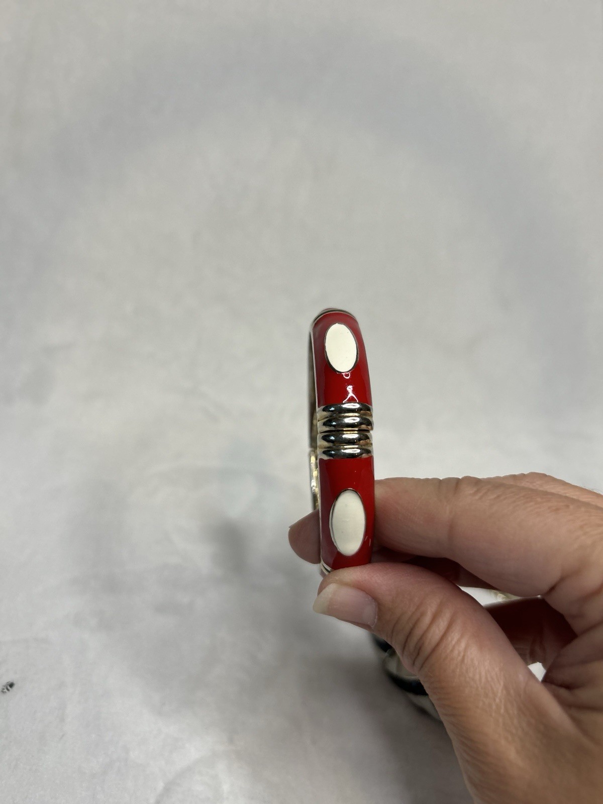 Vintage Enamel Bangle Bracelet Set Of 2, Hinged Gold Tone Red White Black