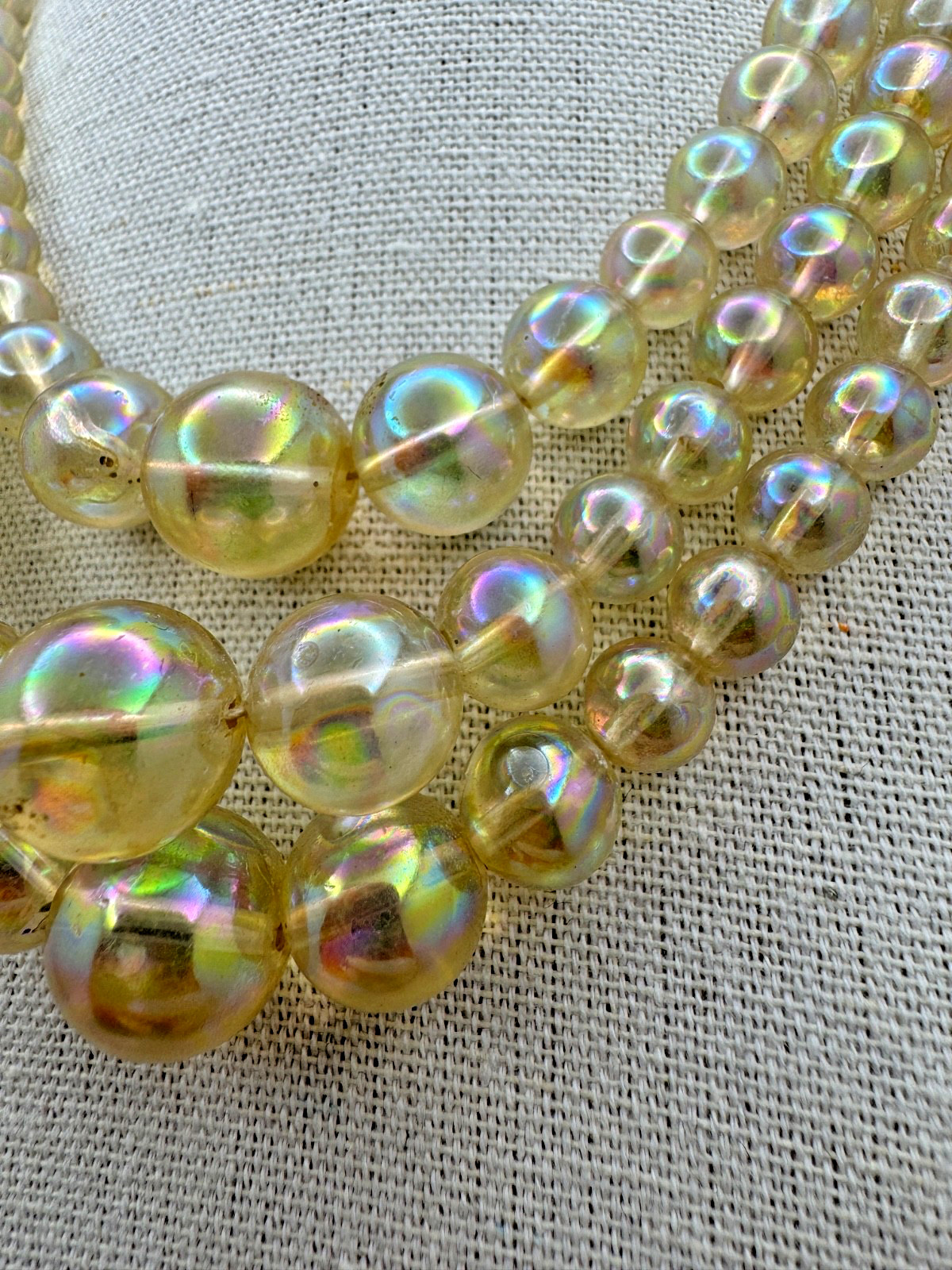 Vintage Iridescent Clear Beaded Necklace 3 Strand Layered Adjustable 11″-14″