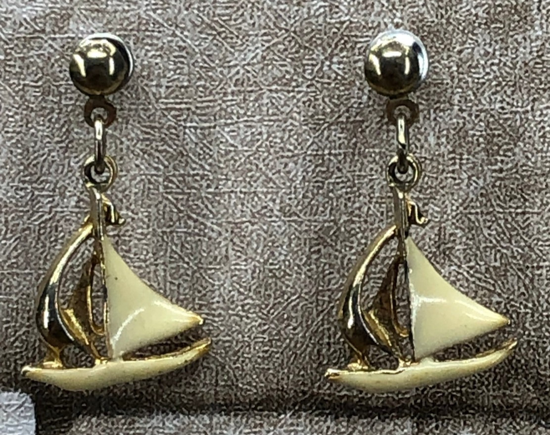 Vintage Ivory and Gold Tone Sail Boat Earrings