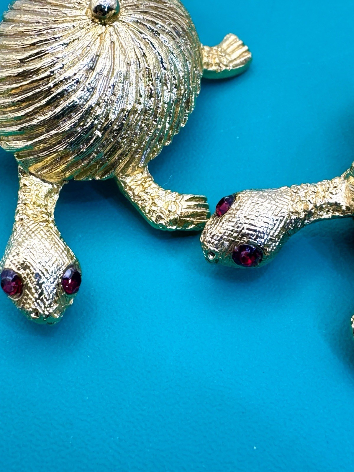 Goldtone Textured Twin Turtle Brooches Red Rhinestone Eyes
