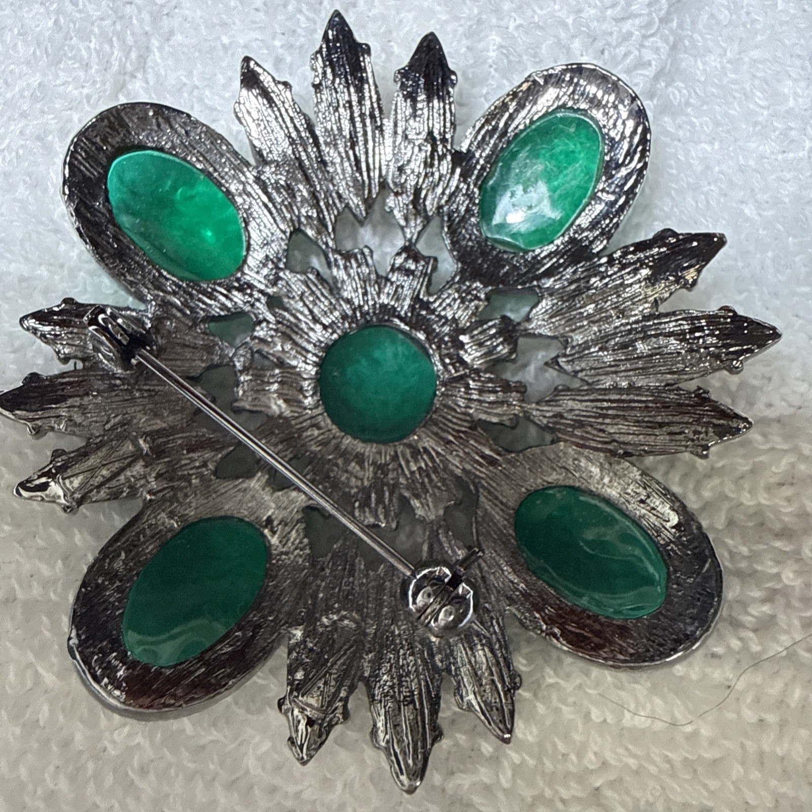 Vintage Emerald And Lime Green Floral Art Brooch With Silver Tone Back