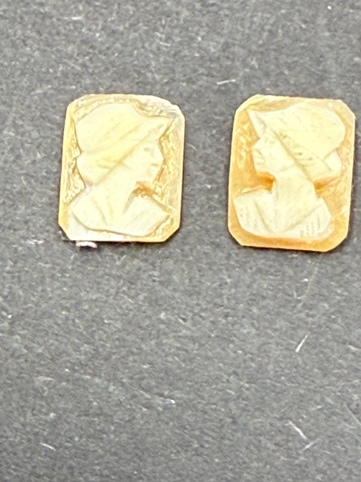 Super Tiny Pair of Vintage Hand Carved Shell Cameos Weariing Hats Left and Right