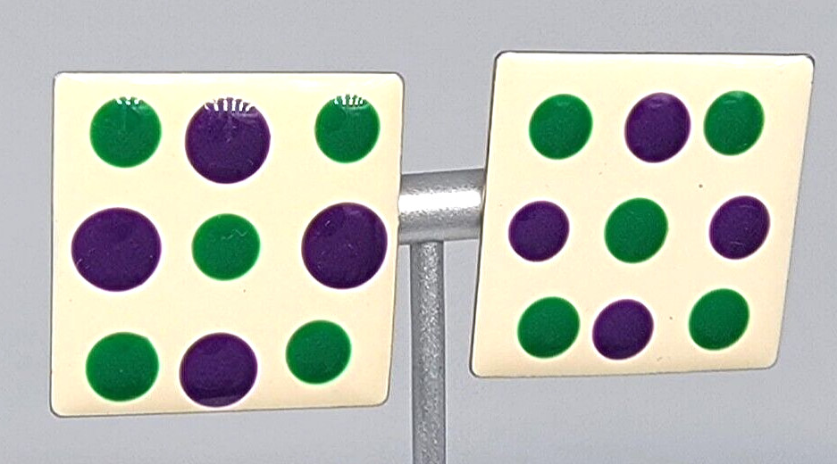 Polka Dot Earrings Purple Green White Enamel Mod Silver Tone Pierced Vintage