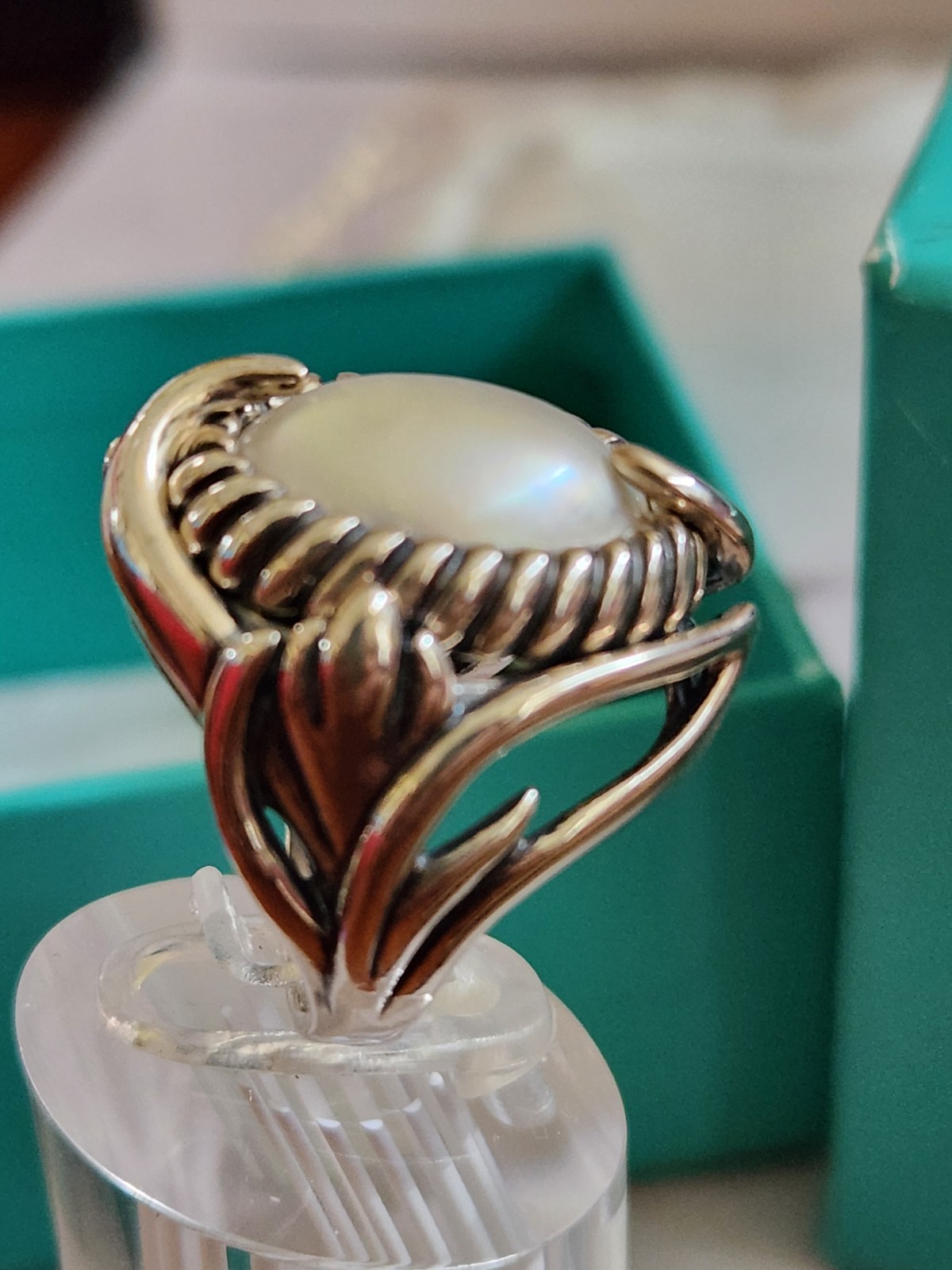 Carolyn Pollack Large Oval Pearl Ring Size 5.4 Box, Bag Sterling Vintage