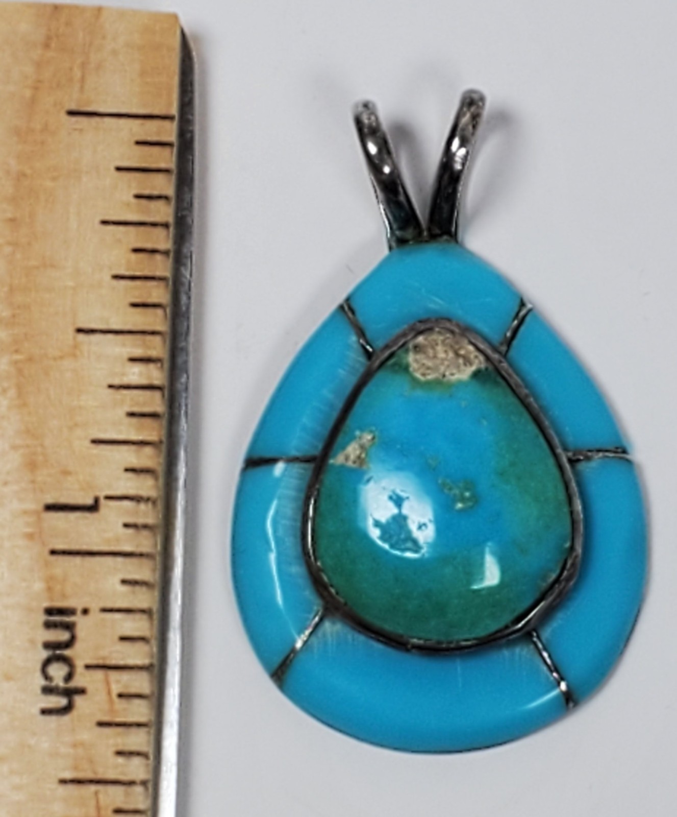 VTG 925 STERLING SILVER Turquoise Teardrop Inlay Pendant 6.47 gm CHIPS