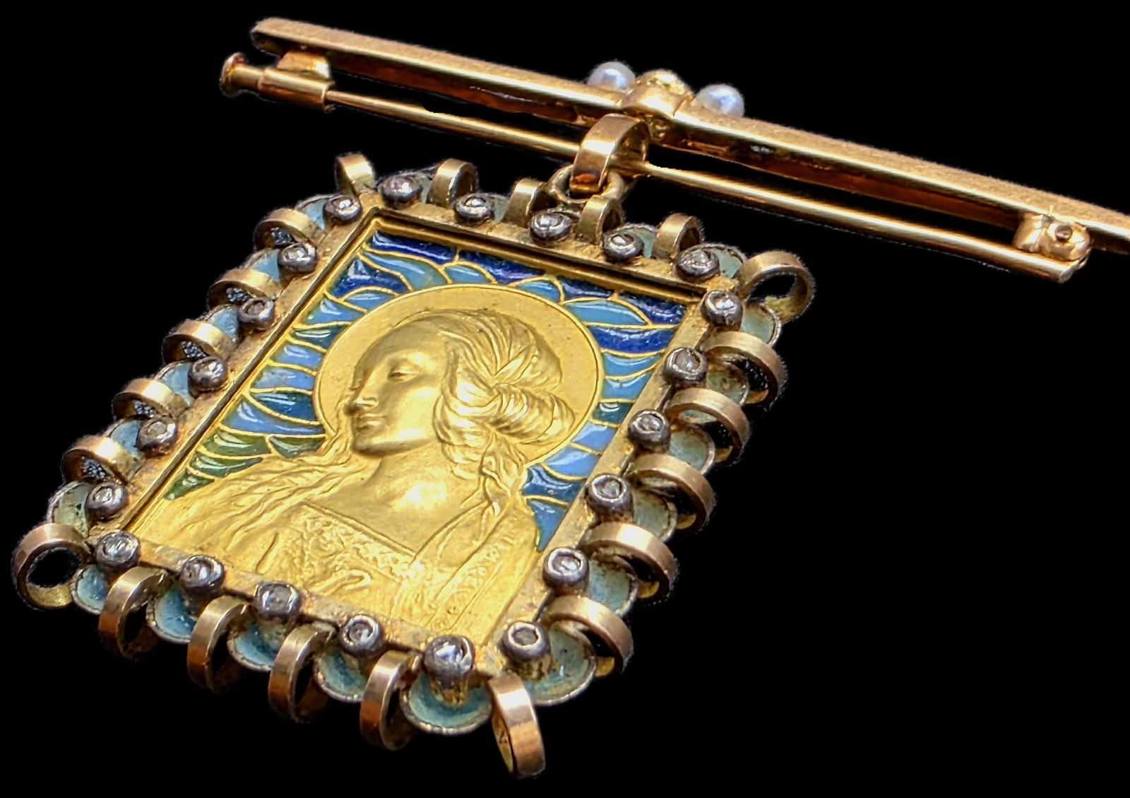 Fine Antique Art Deco 18K Gold Plique a Jour Virgin Mary Pendant Brooch C 1930