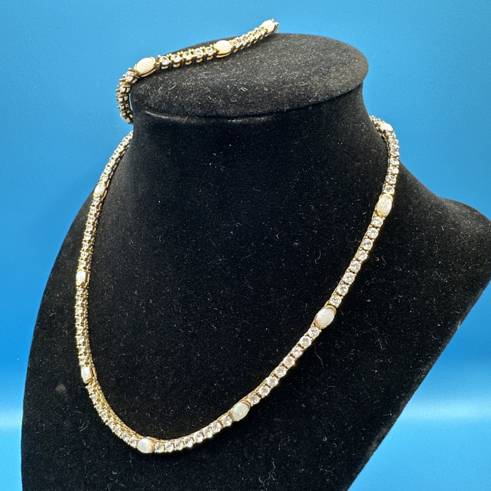 DBJ 925 Sterling Silver Gold Vermeil Clear CZ Opal Tenis Necklace & Bracelet Set