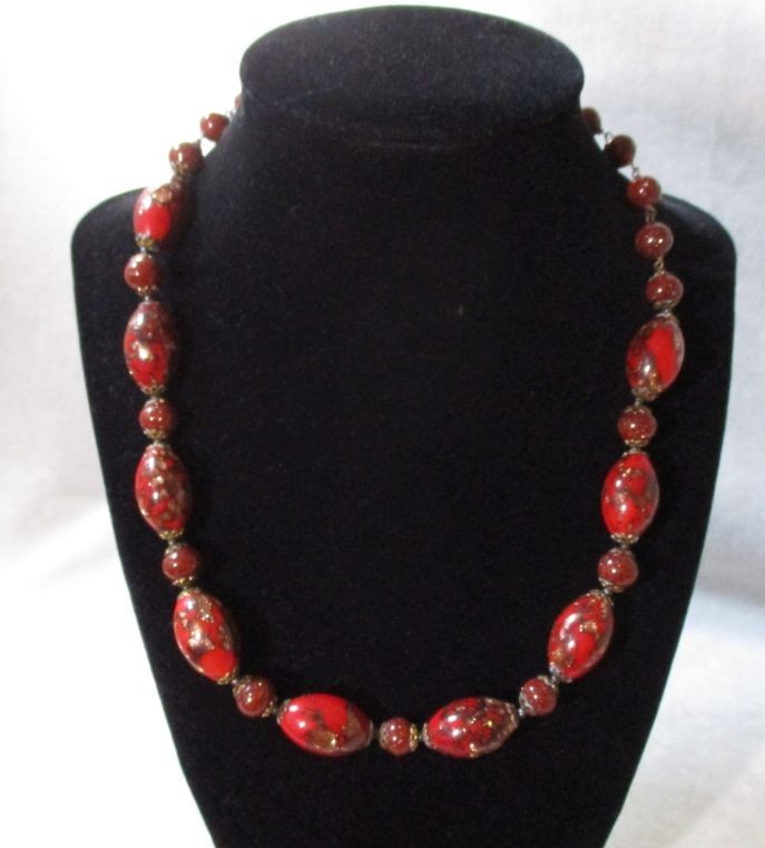 Vintage Dramatic Dark Red Aventurine Venetian Foil Art Glass Bead Necklace