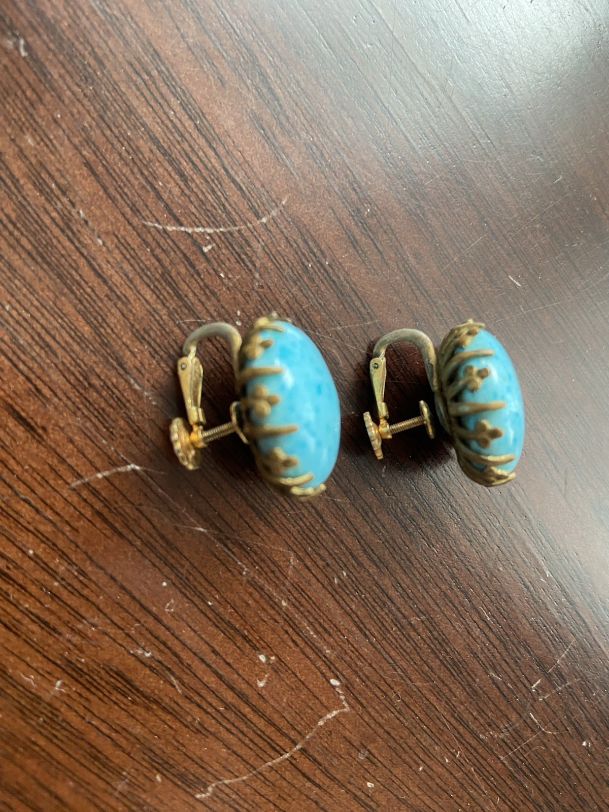 Vintage Miriam Haskell Blue Glass Gold Tone Screw Back Earrings