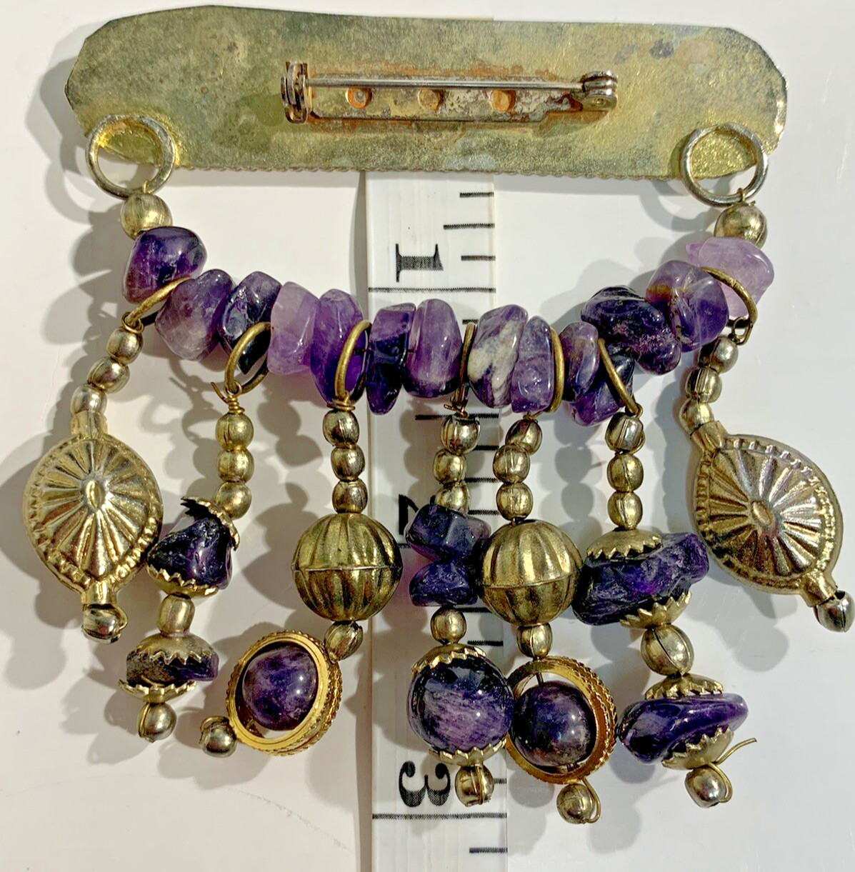 Estate Vintage Amethyst Rocks & Dangle Brass Beads Bar Brooch Pin 2.5″ x 3″