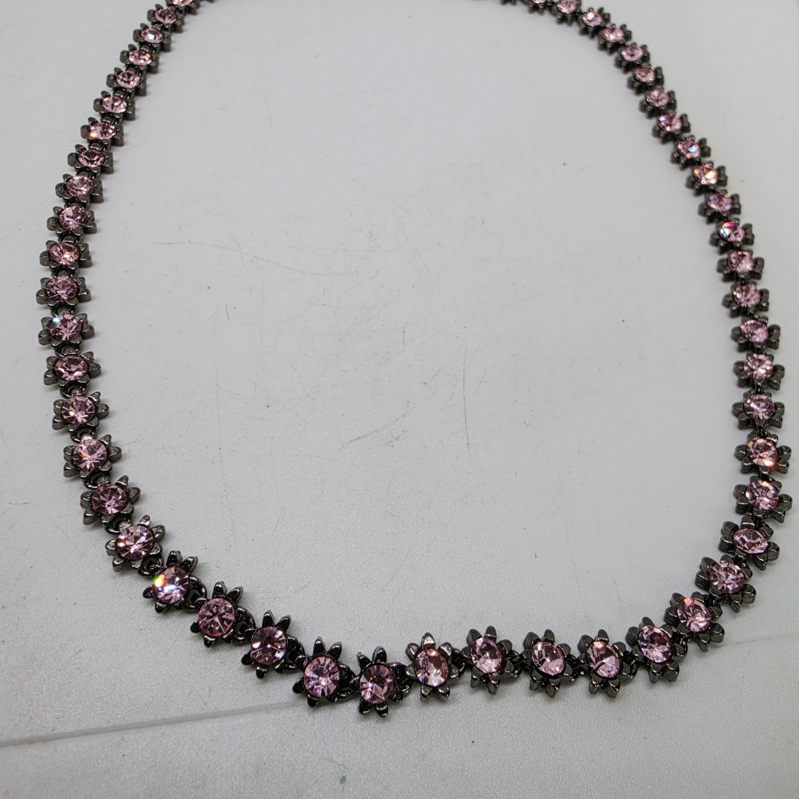 Vintage Pink Crystal Rhinestone Floral Starburst Tennis Necklace Gunmetal Strand
