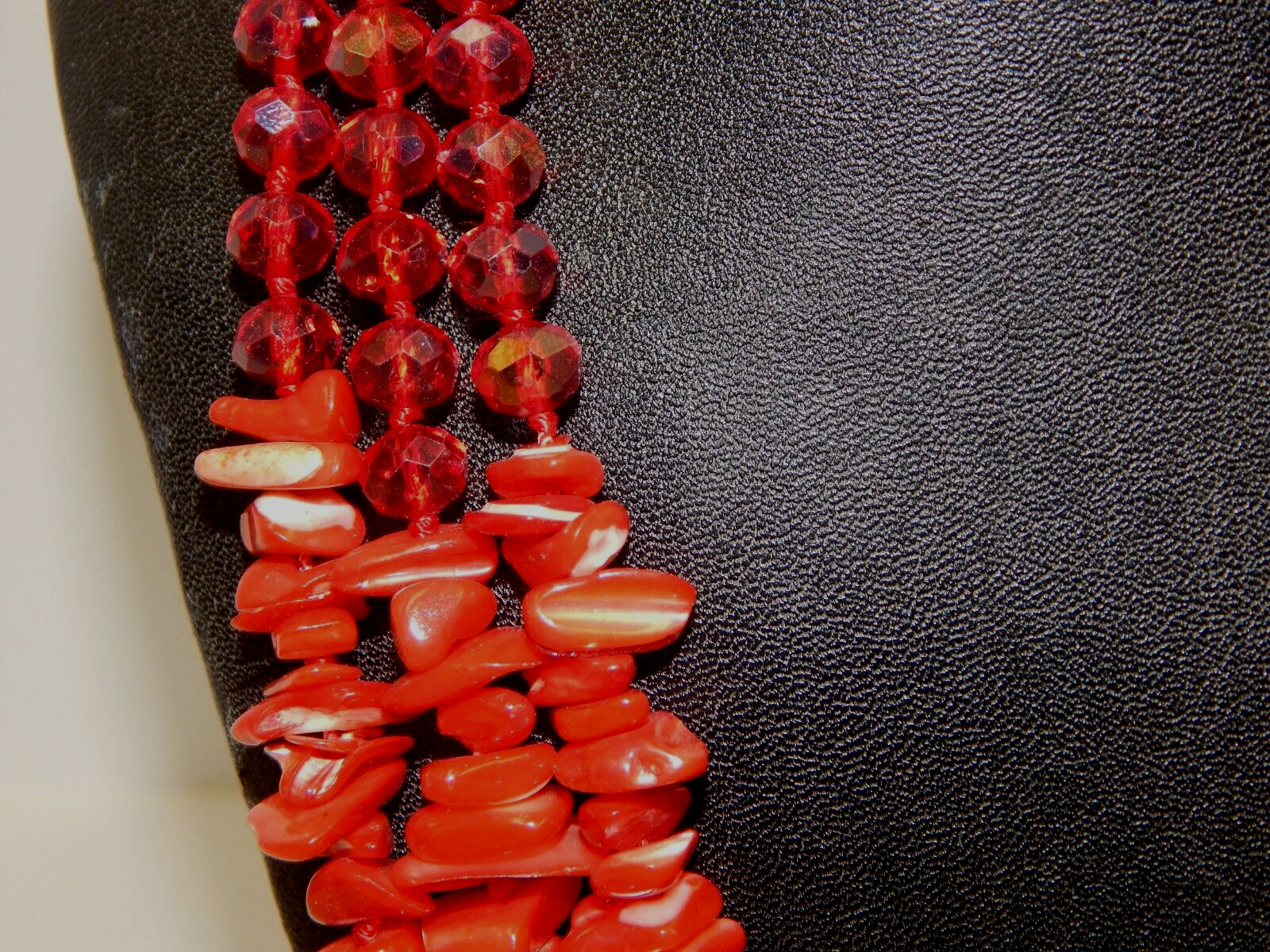 Coral Pink Abalone & Fuchsia Red Aurora Borealis Crystal Beaded Necklace Knotted