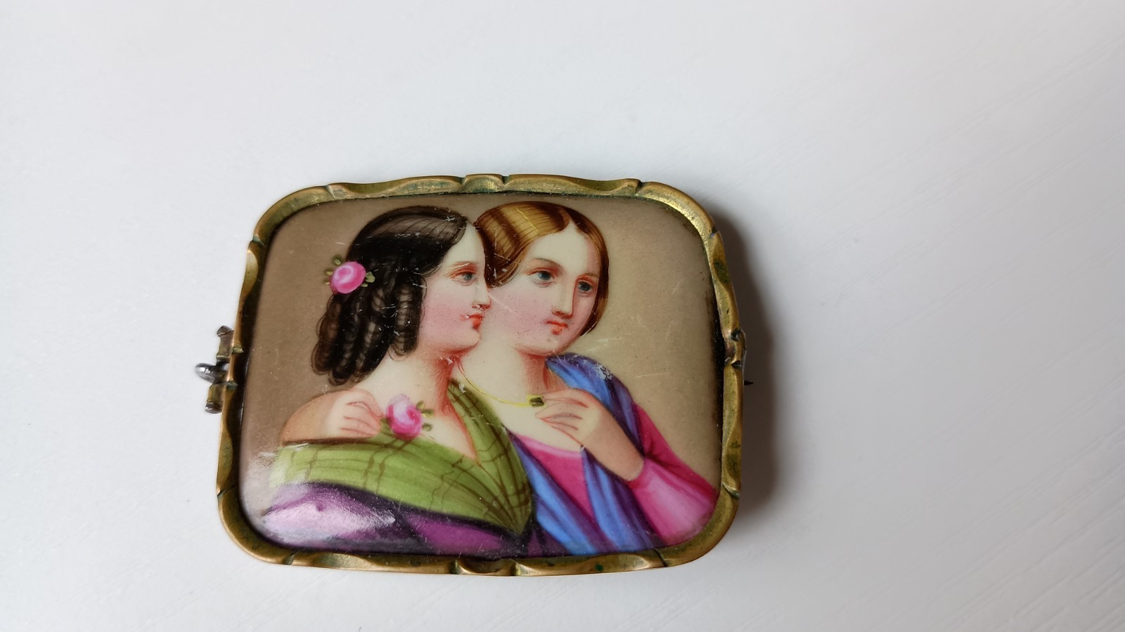 Vintage Portrait Rectangle Gold Tone Brooch, Art Theme