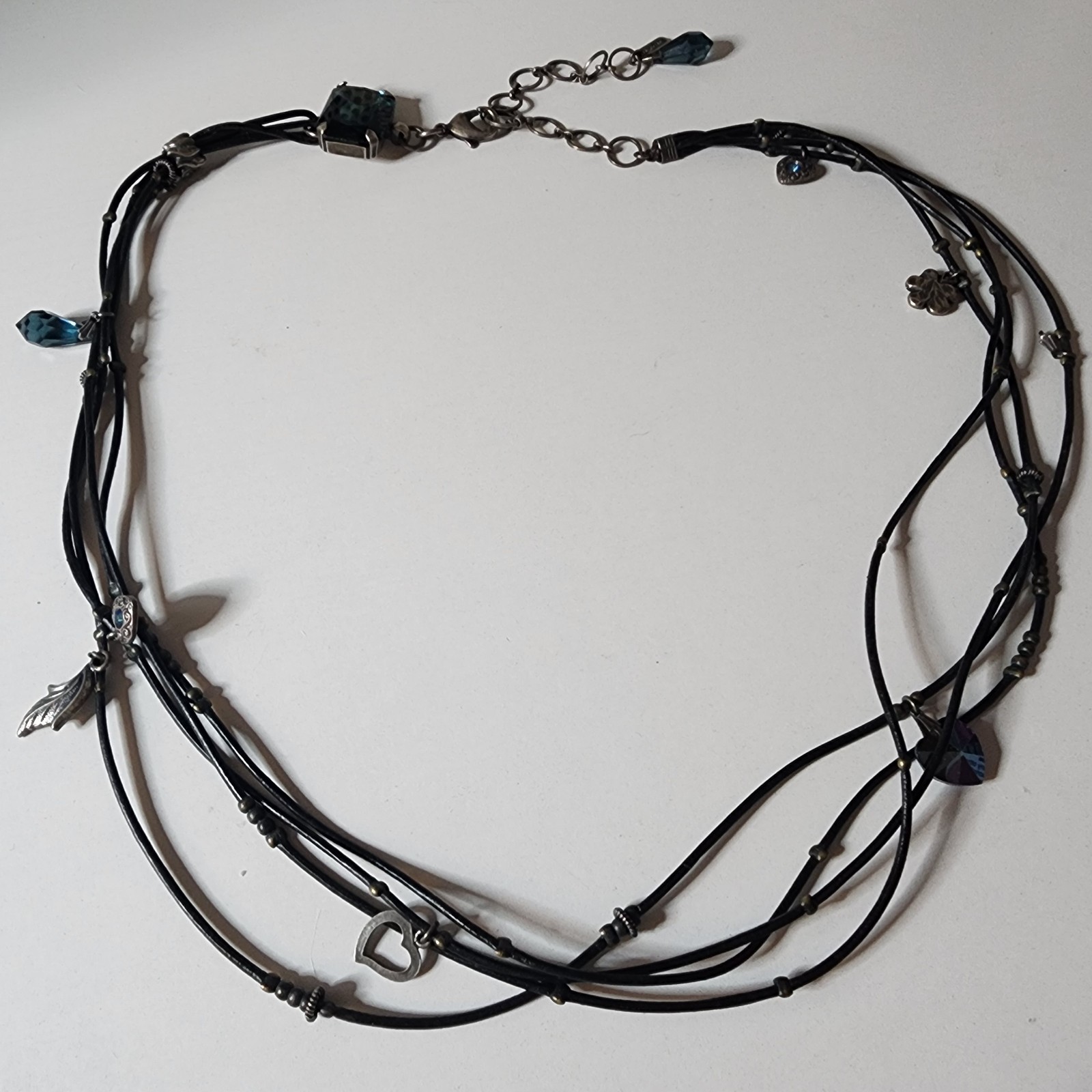 Vintage Van Galz Black Leather Multi Strand Necklace Blue Crystals Heart Charms