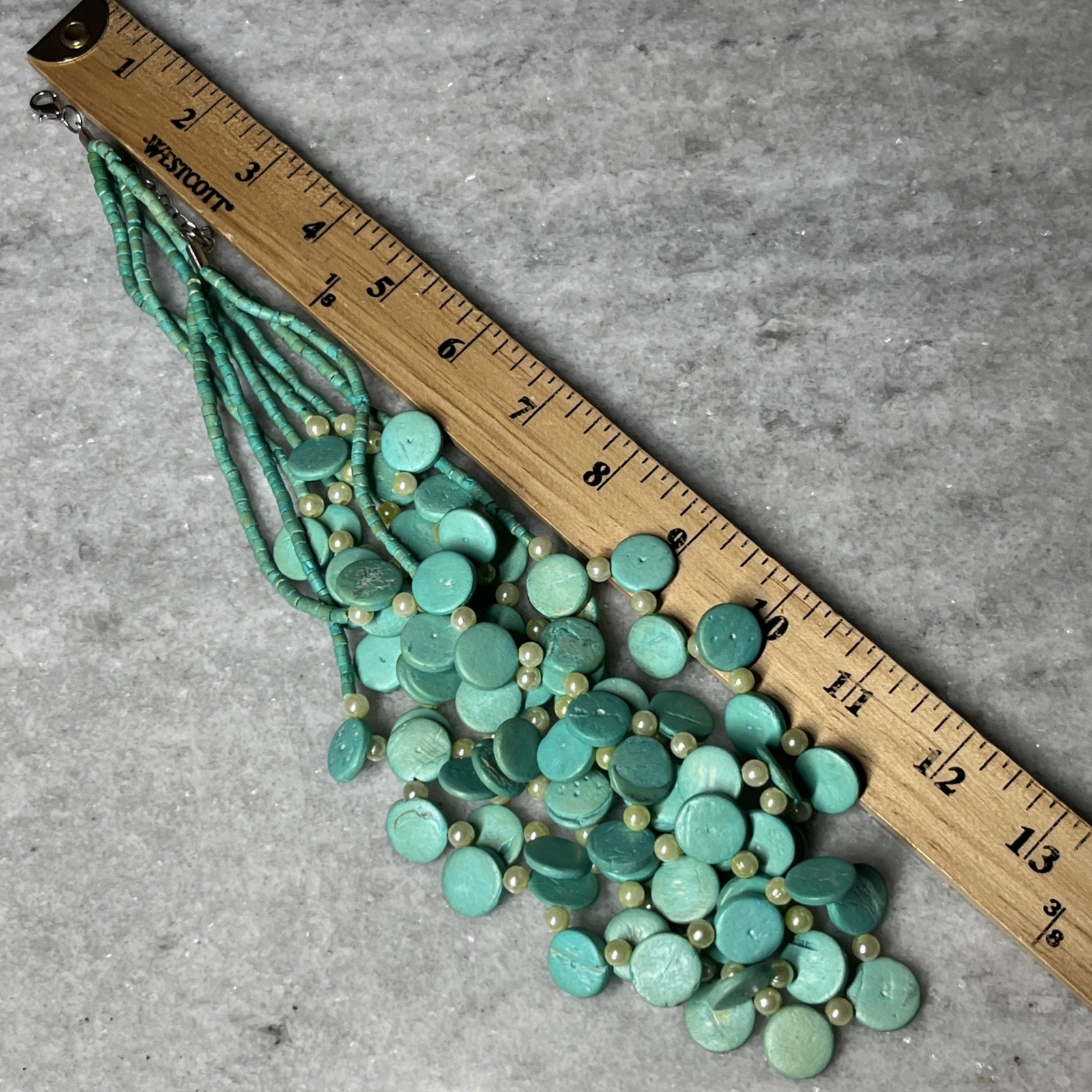 Turquoise Tone Cascade Necklace 4 Strand Layered Discs Beaded Faux Pearl Jewelry