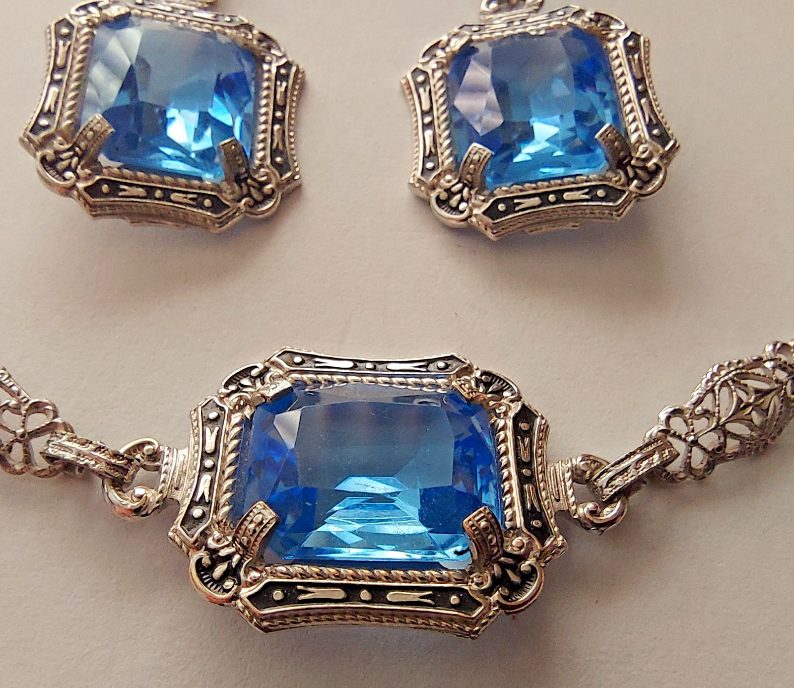 Antique Art Deco Blue Faceted Glass Ornate Filigree Bracelet & Earrings Set