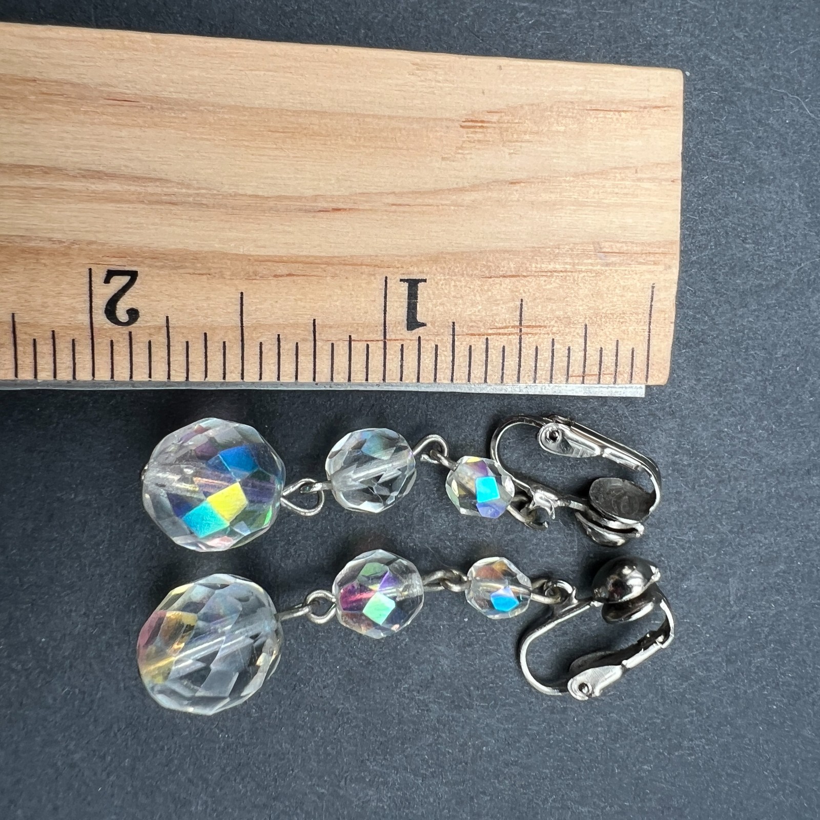 Vintage AB Clip On Earrings Faceted Crystal Dangle Drop Old Money Classic