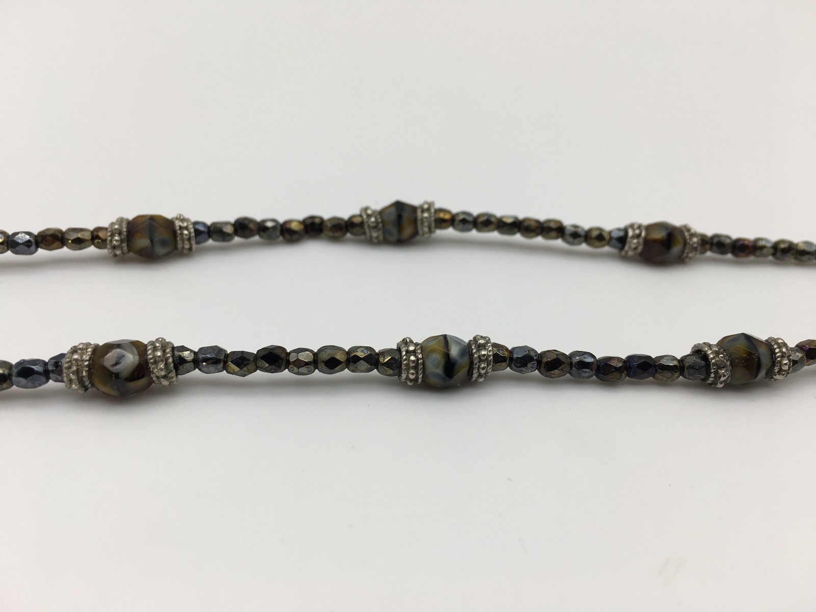 Vintage Blood Stone Pendant Crystal Hematite Czech Beads Sterling 16″ Necklace