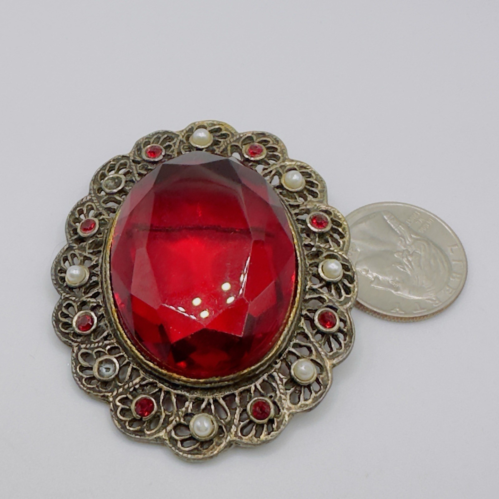 Vintage Red Glass Brooch Pendant Victorian Revival Antiqued Gold 2.75″ *READ*