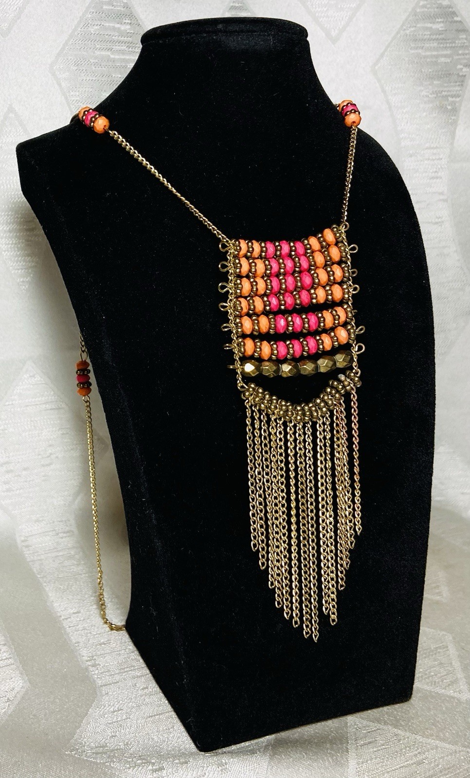 Vintage Boho Fringe Necklace Long Beaded Statement Pink Orange Brass Tone 42”
