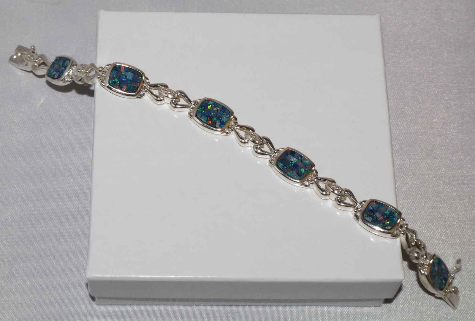 Vintage Sterling Silver Mosaic Opal Gem Inlay Link Michelle Albala Bracelet 7.5